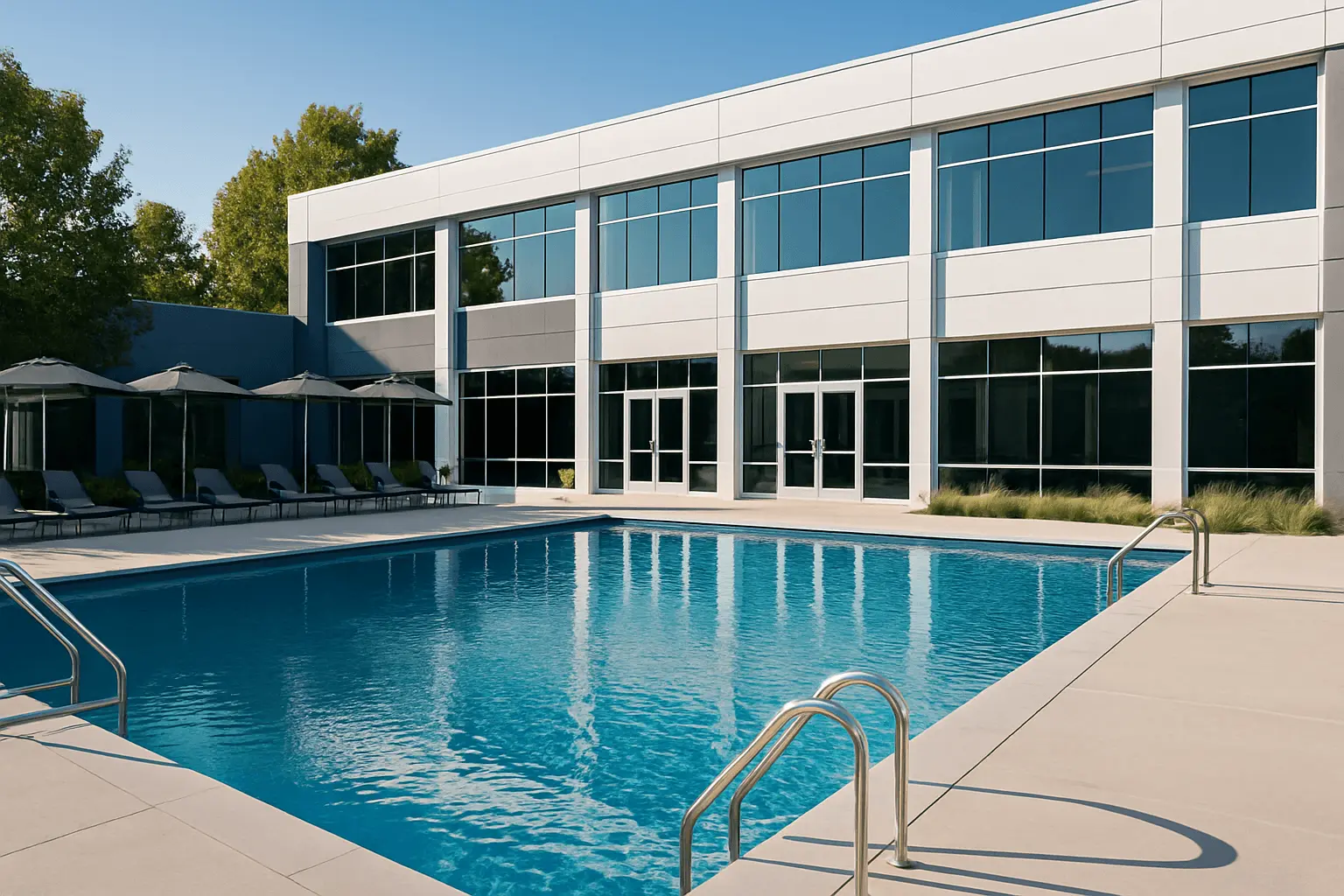 A hotel with a swimming pool outside